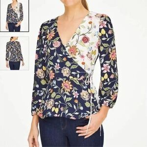 LOFT Petites Floral Wrap Blouse V-Neck Long Sleeve Multicolor M